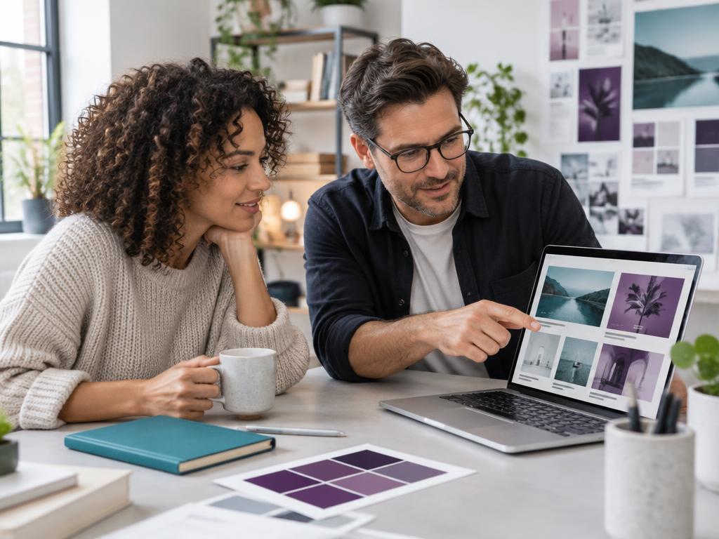 Two business owners reviewing website designs together